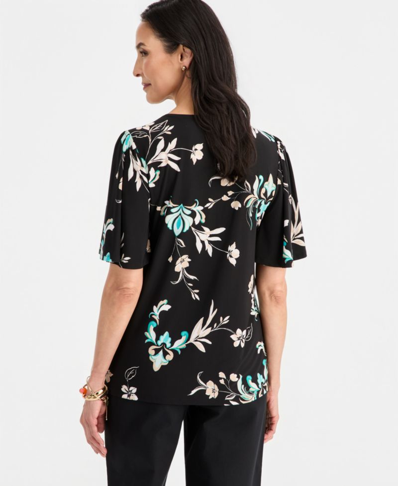 Women's Printed V-neck Flutter-Sleeve Top
