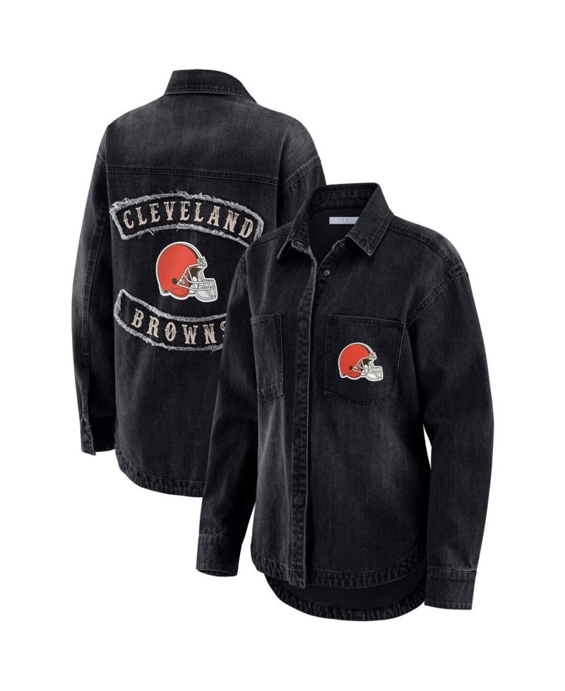 Women's Black Cleveland Browns Washed Oversized Denim Full-Snap Shacket