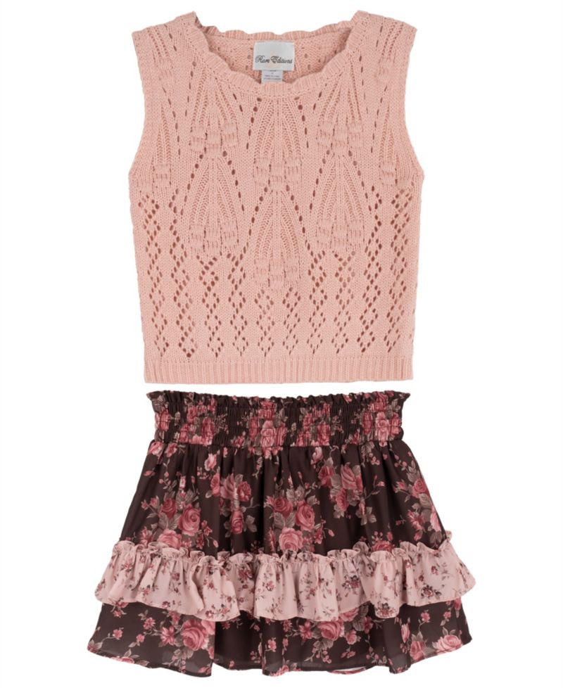 Girls' 7-16 Floral Crochet Sweater Vest and Tiered Skort, 2-Piece Set
