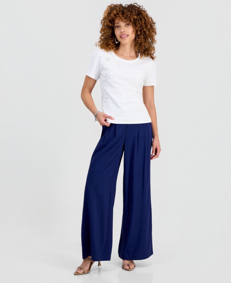 Petite Pleated Pull-On Wide-Leg Pants