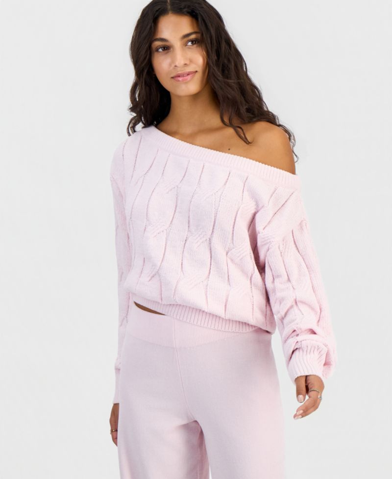 Juniors' Cable-Knit Off-the-Shoulder Slouchy Sweater