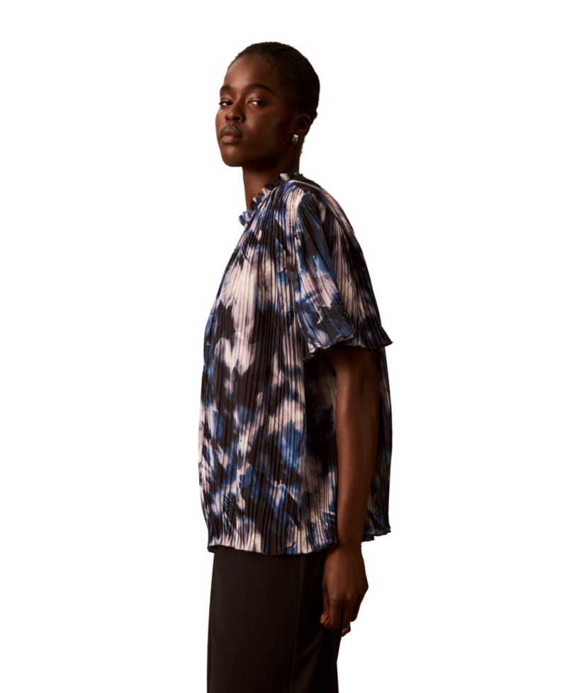 Women's Short-Sleeve Ruffle-Neck Pleated Blouse