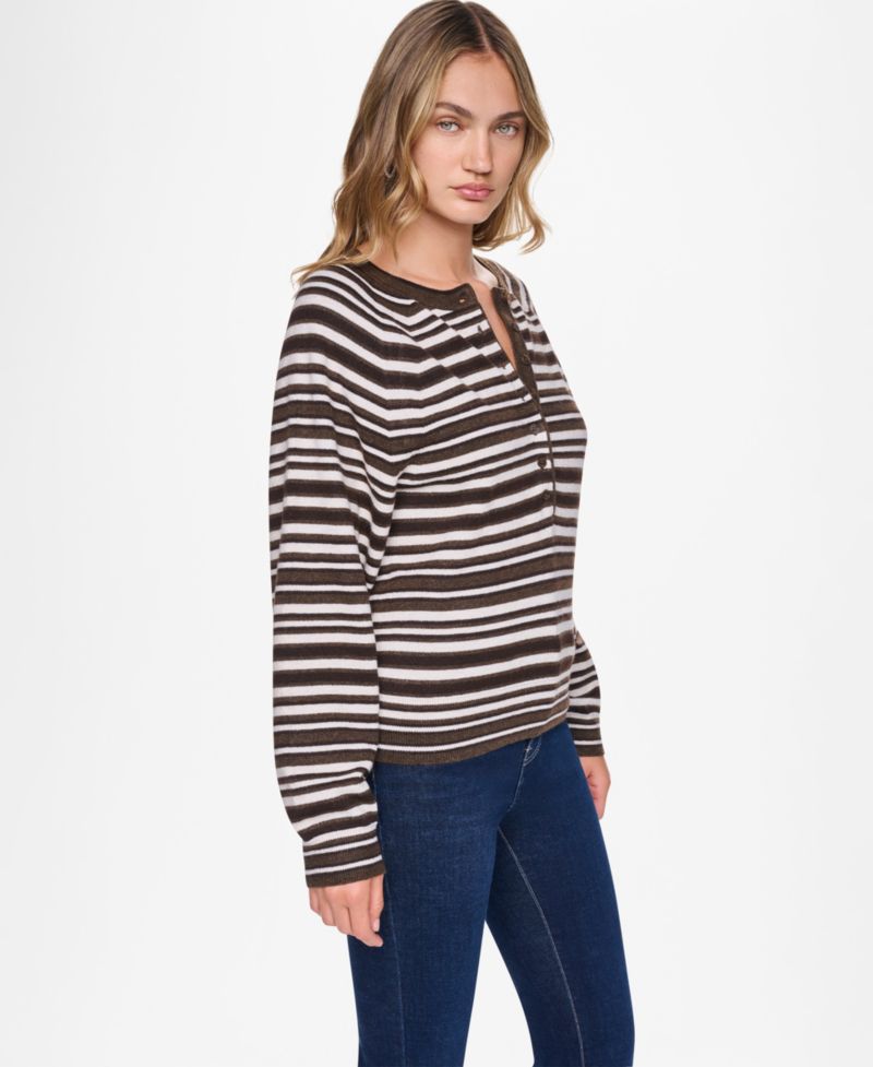 Women's Striped Raglan Crew Neck Long-Sleeve Henley Sweater
