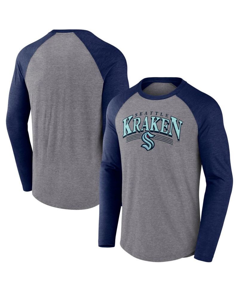 Men's Heather Gray/Heather Deep Sea Blue Seattle Kraken Goal Crease Raglan Tri-Blend Long Sleeve T-Shirt