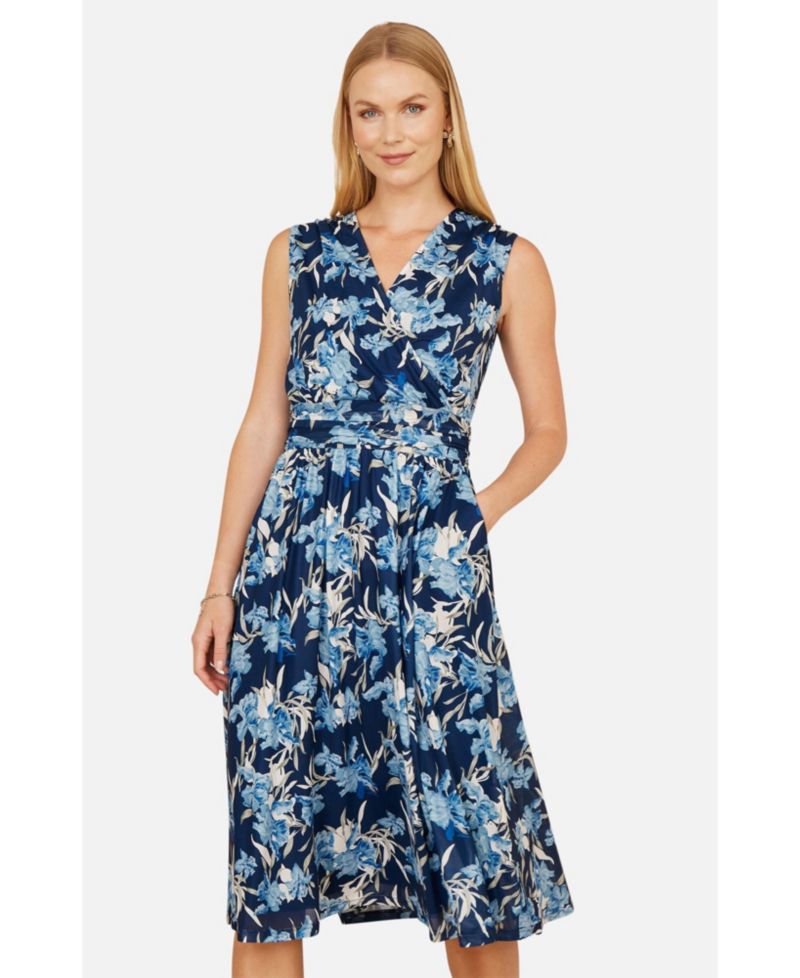 Women's Floral Wrap V Neck Midi Skater Dress