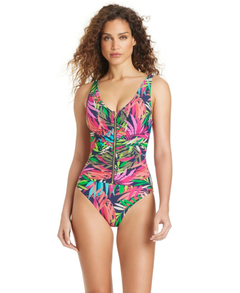 Women's Love Me or Leaf Me Zipper-Front V-Neck One-Piece Swimsuit