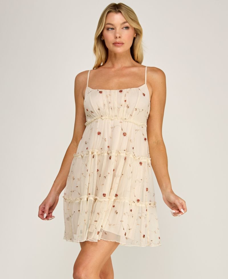Juniors' Embroidered Sleeveless Mesh Dress