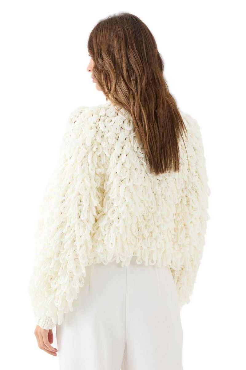 Women's Zip Up Cream Fringe Loop Cardigan