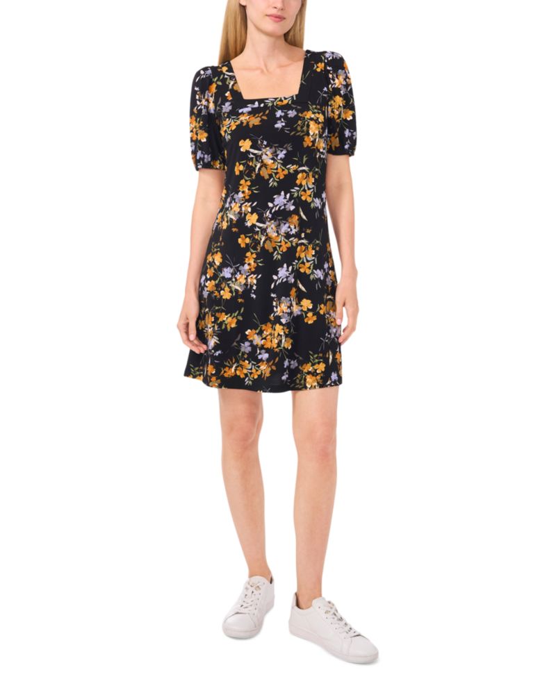 Women's Floral Puff-Sleeve Square-Neck Knit Dress