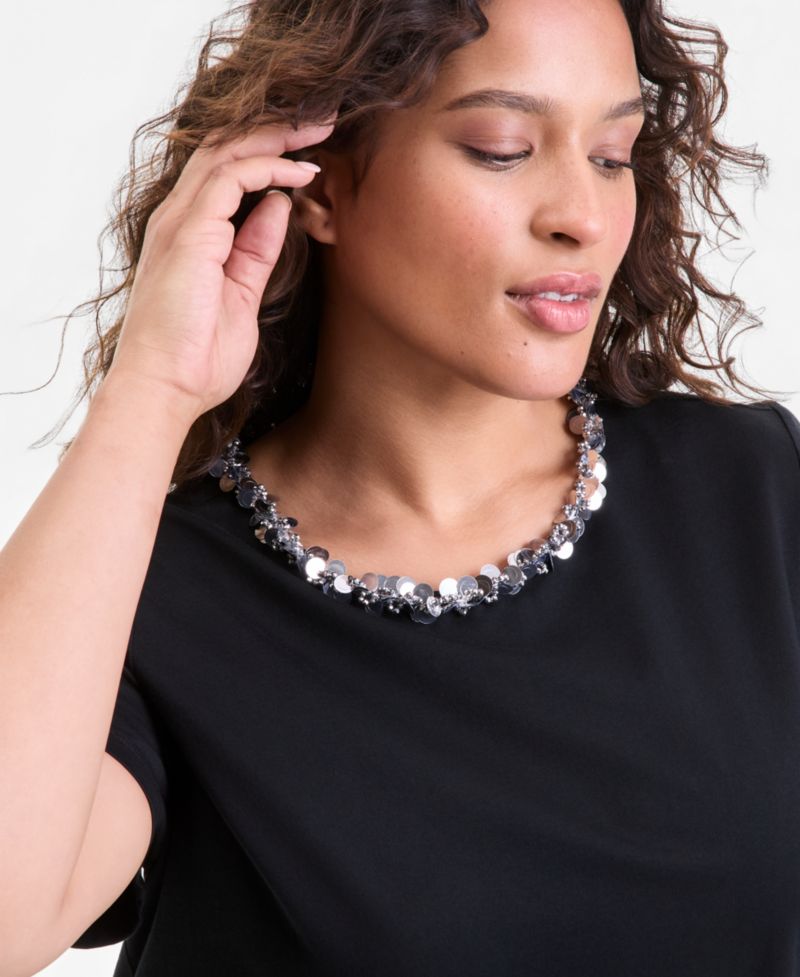 Plus Size Sequin-Neck-Trim T-Shirt