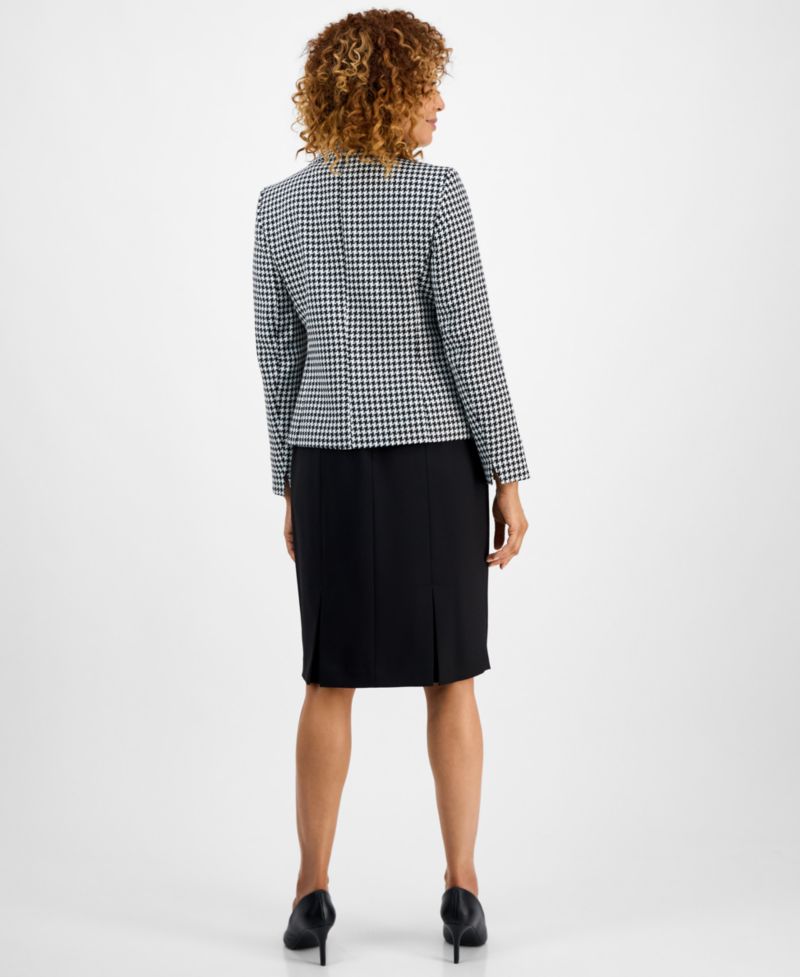 Women's Houndstooth Jacket & Pleated Pencil 2 Piece Skirt Suit