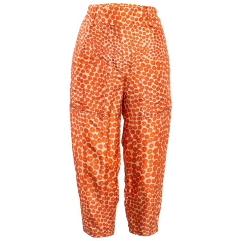 Women's Orange Ditsy Floral Print Silk Trousers