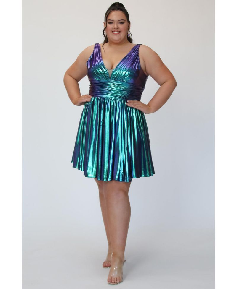 Plus Size Blue & Green Iridescent A-line Party Dress