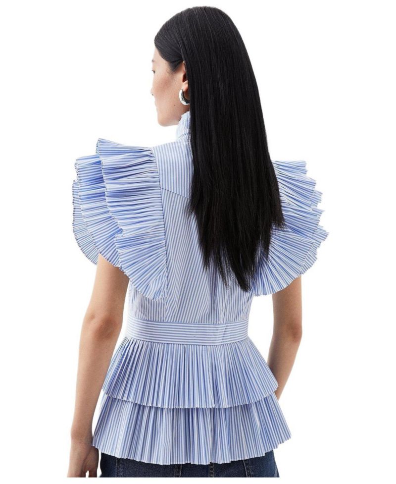 Women's Sleeveless Striped Pleated Ruffle Blouse