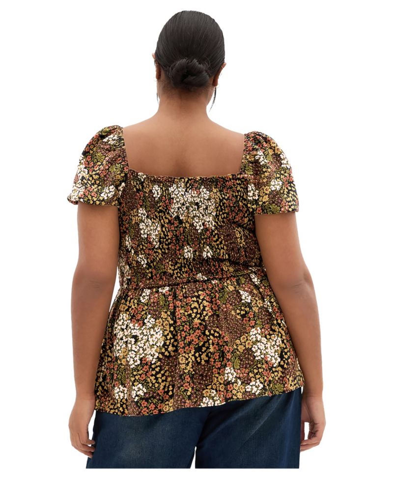 Plus Size Azure Floral-Print Tie-Up Shirred Blouse