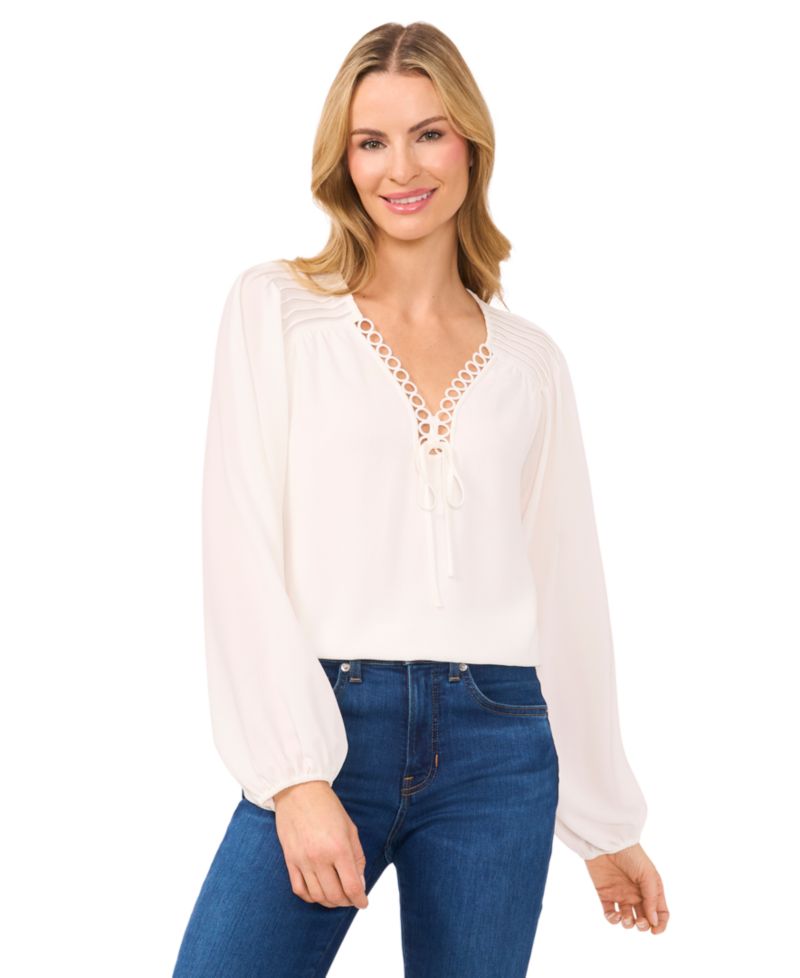 Women's Circular Trim Pin-Tuck Long-Sleeve Top