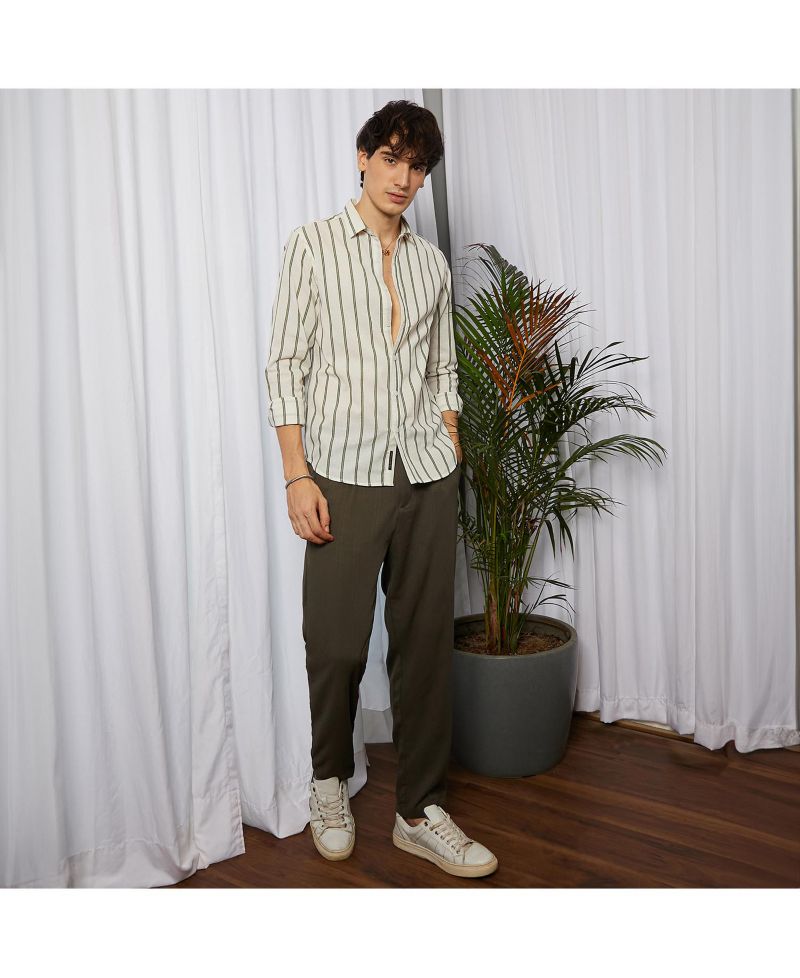 Men's Saltbox Beige & Sage Green Lined Halo-Striped Shirt