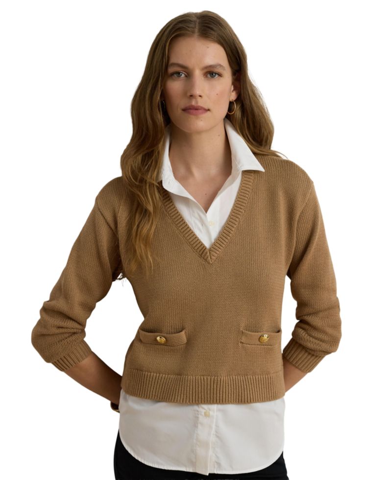 Women's V-Neck Long-Sleeve Relaxed-Fit Cotton Sweater