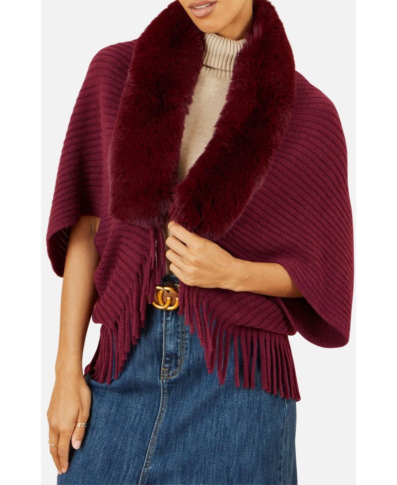 Women's Fur Collar Shrug With Tassel Hem