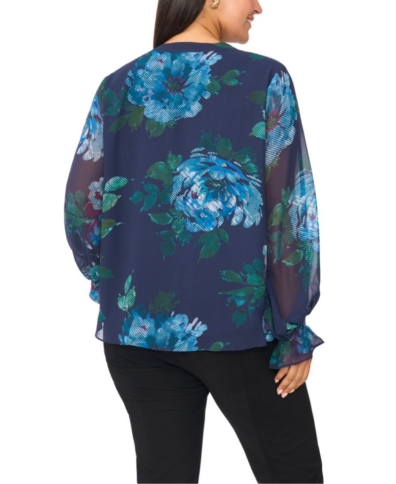 Plus Size Split-Neck Floral-Print Long-Sleeve Blouse