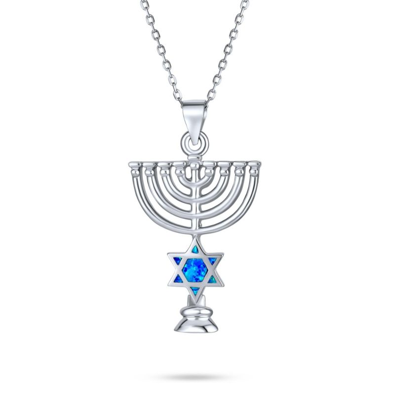 Created Opal Judaica Star of David Menorah Pendant Necklace Sterling Silver