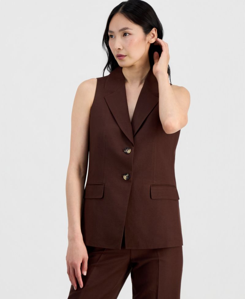 Women's Linen-Blend Two-Button Notch-Collar Vest, Regular & Petite