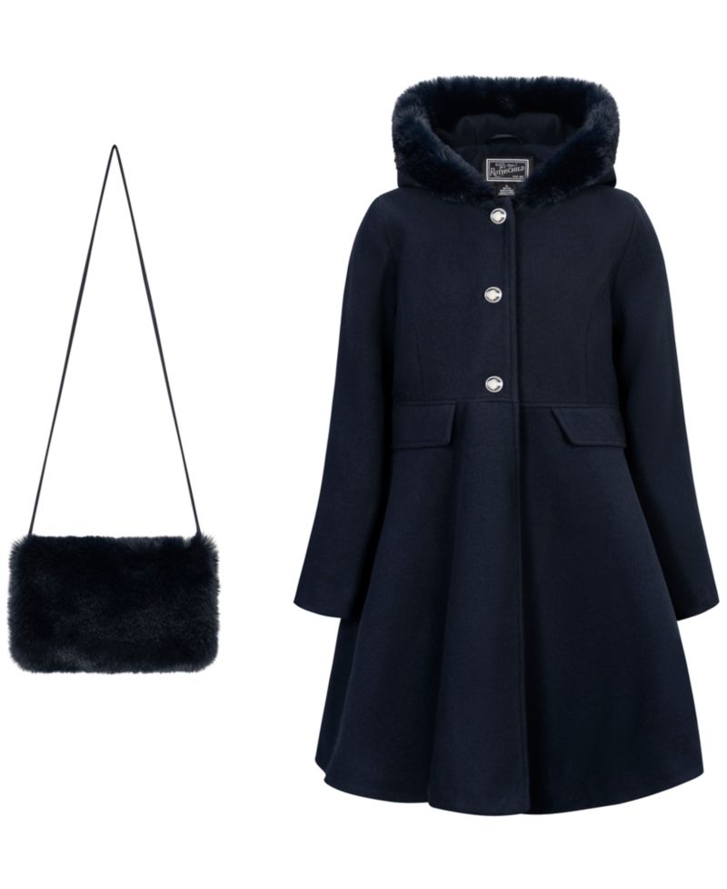 Girls' 6-16 Long-Sleeve Hooded Fur Trim Coat with Muff