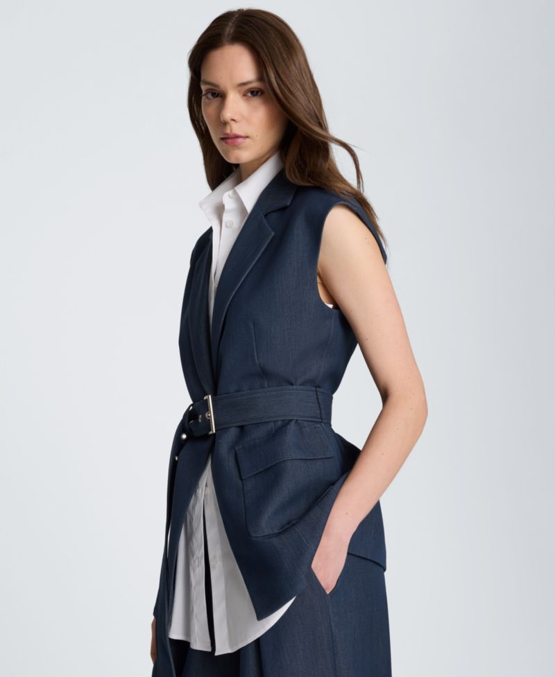 Women's Belted Notch Collar Vest with Detachable Shirt