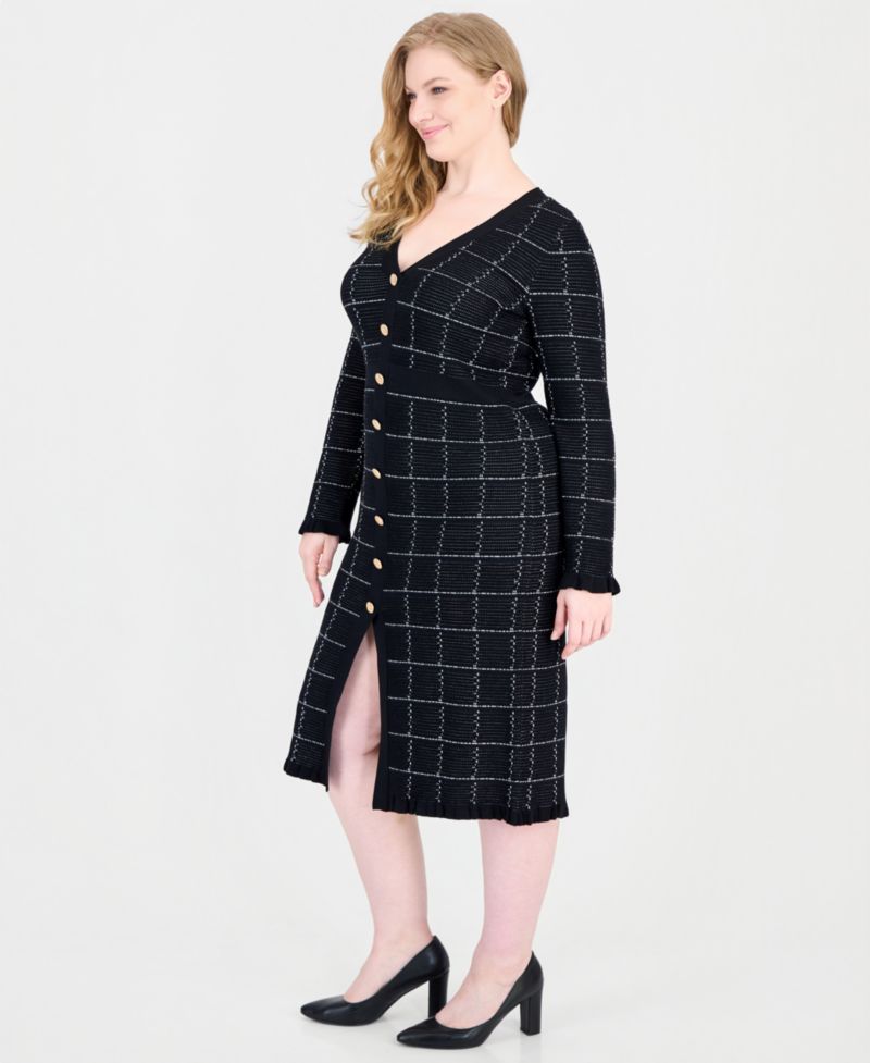 Plus Size Plaid Button-Front V-Neck Midi Sweater Dress