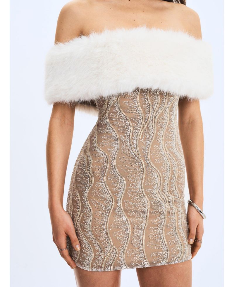 Women's Averie Faux Fur Off-Shoulder Sequin Mini Dress