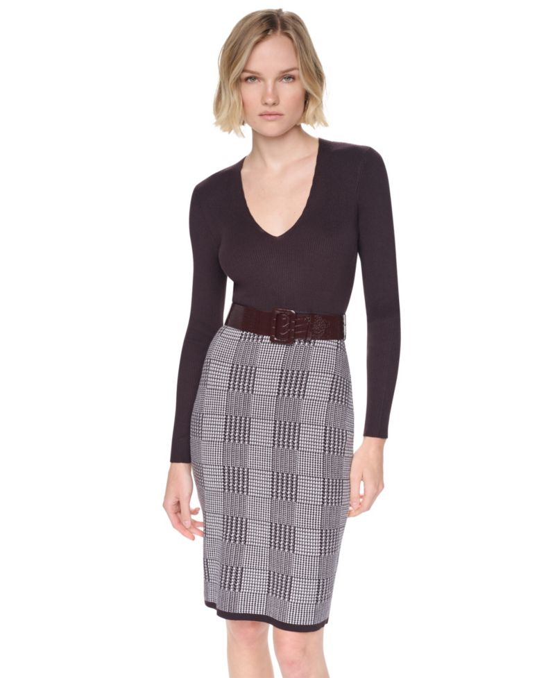 Women's Houndstooth Plaid V-Neck Long-Sleeve Sweater Dress