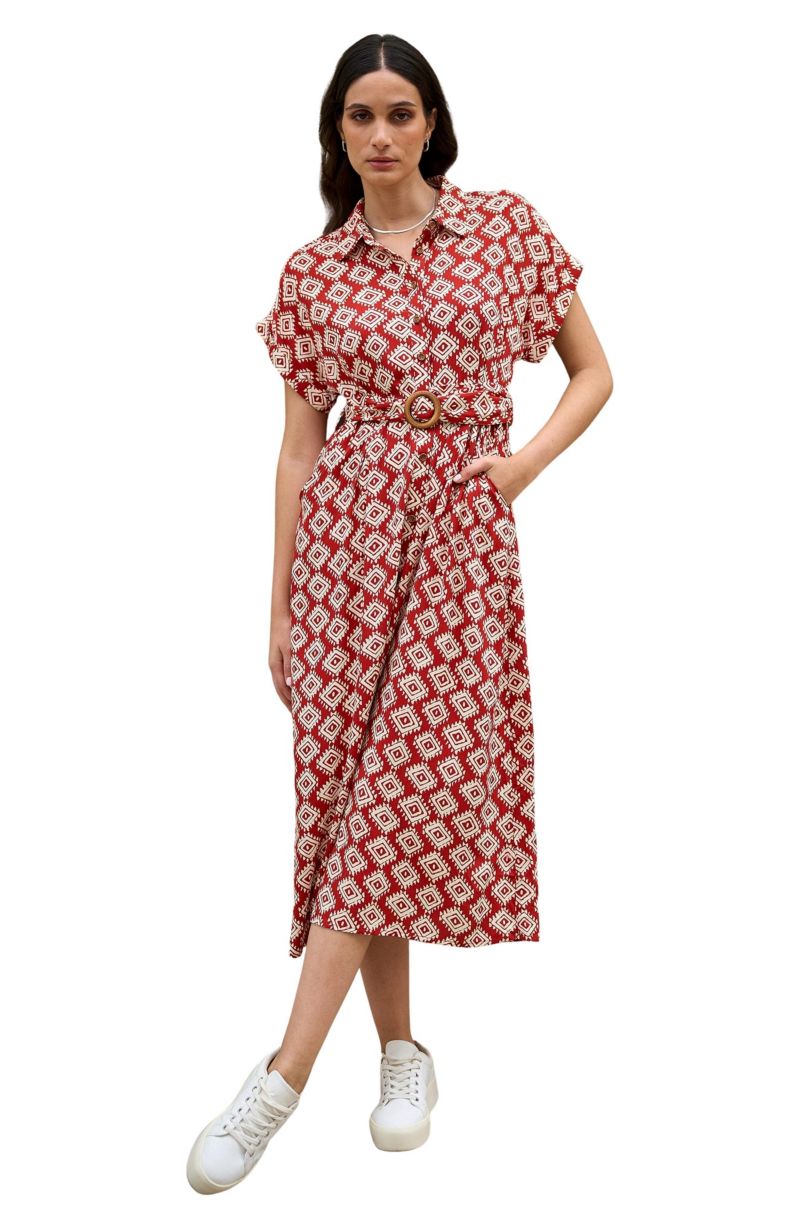 Women's Belted Midi Shirt Dress