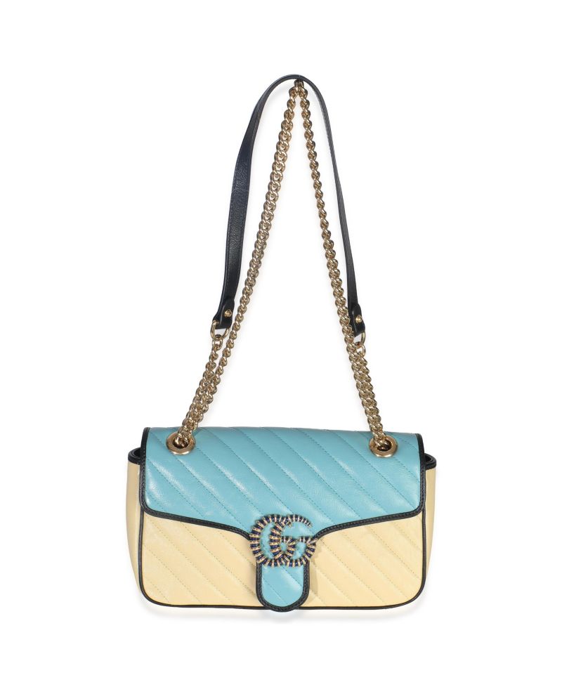 Blue Yellow Calfskin Matelasse Diagonal Torchon Small GG Marmont Bag
