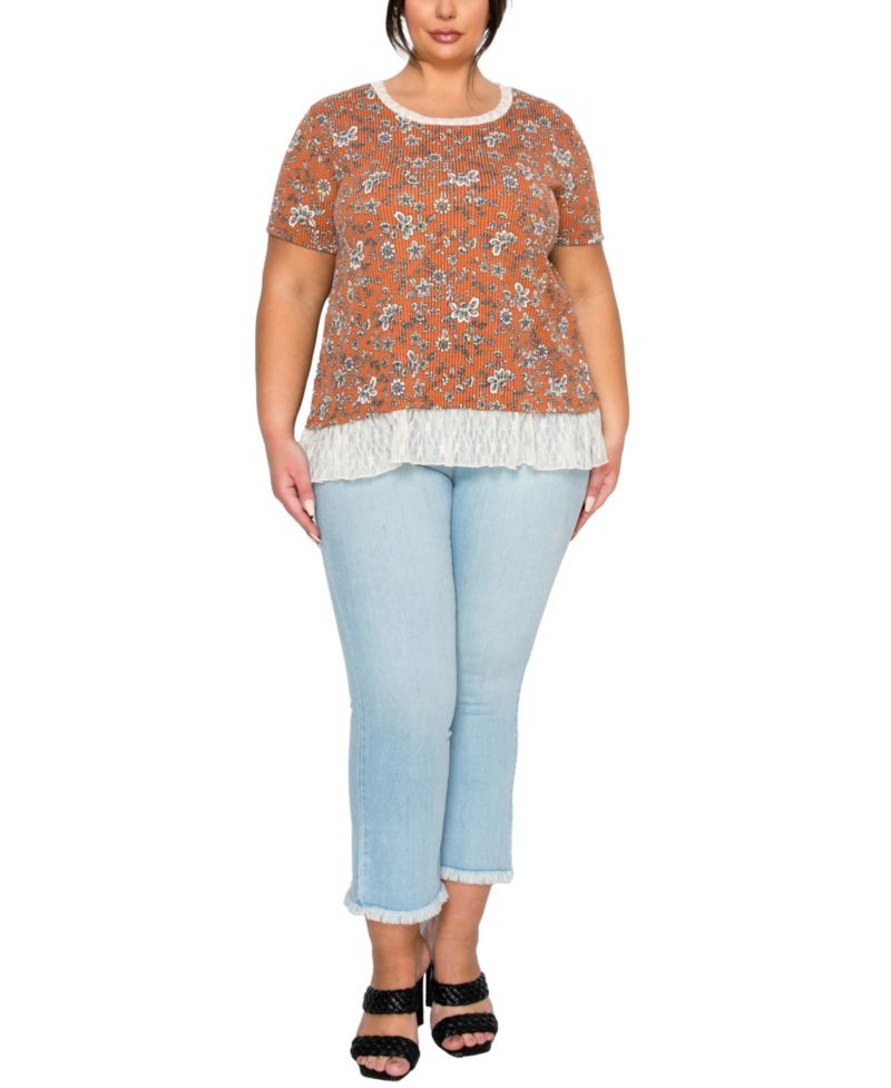 Plus Size Boho Floral Rib and Lace Pleat Back Short-Sleeve Top