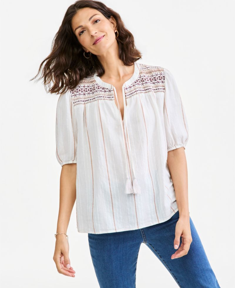 Women's Smocked Elbow-Sleeve Cotton-Linen Blend Top