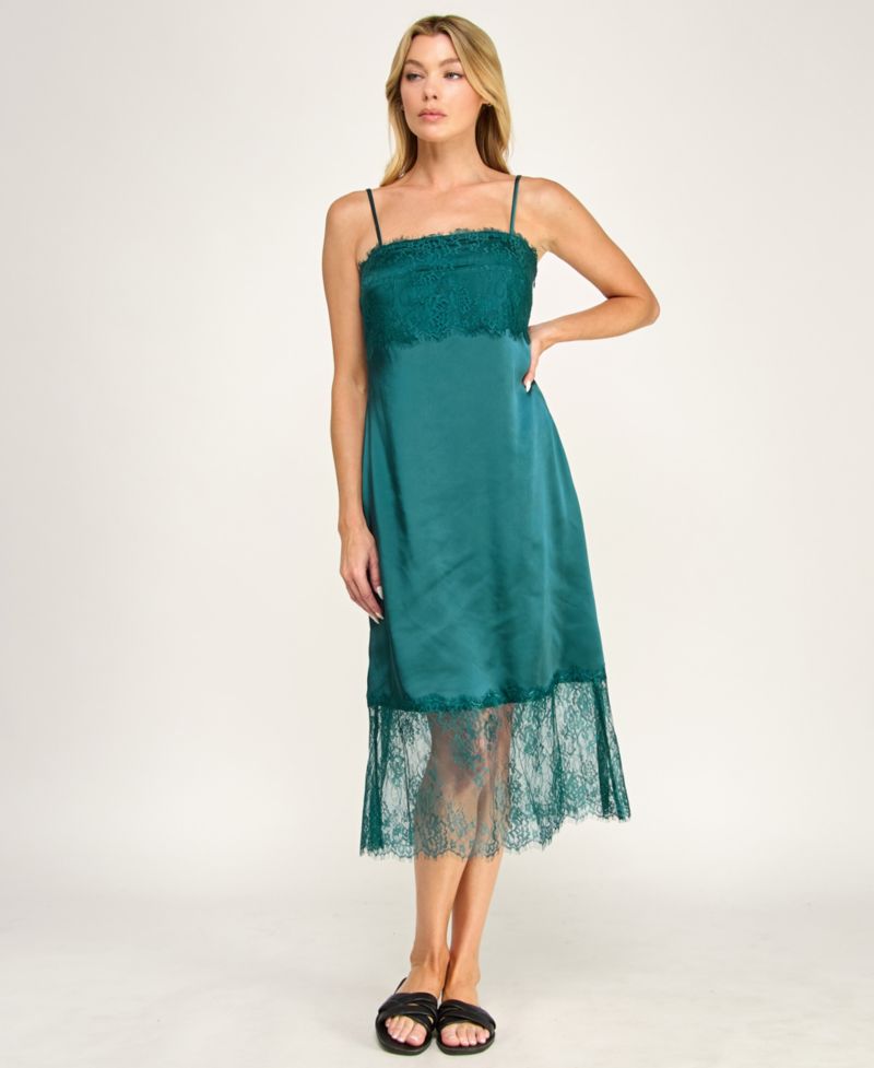 Juniors' Sleeveless Lace and Satin Slip Midi Dress