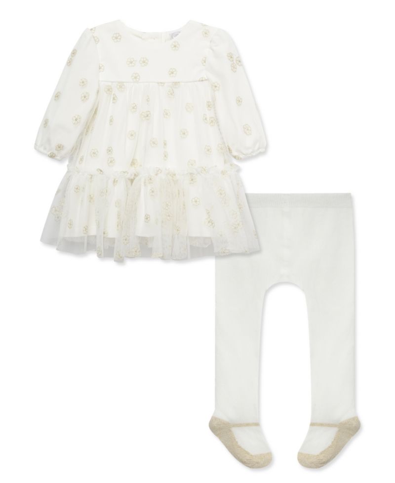 Baby Girls' Gold Floral Mesh Dress and Tights, 2-Piece Set
