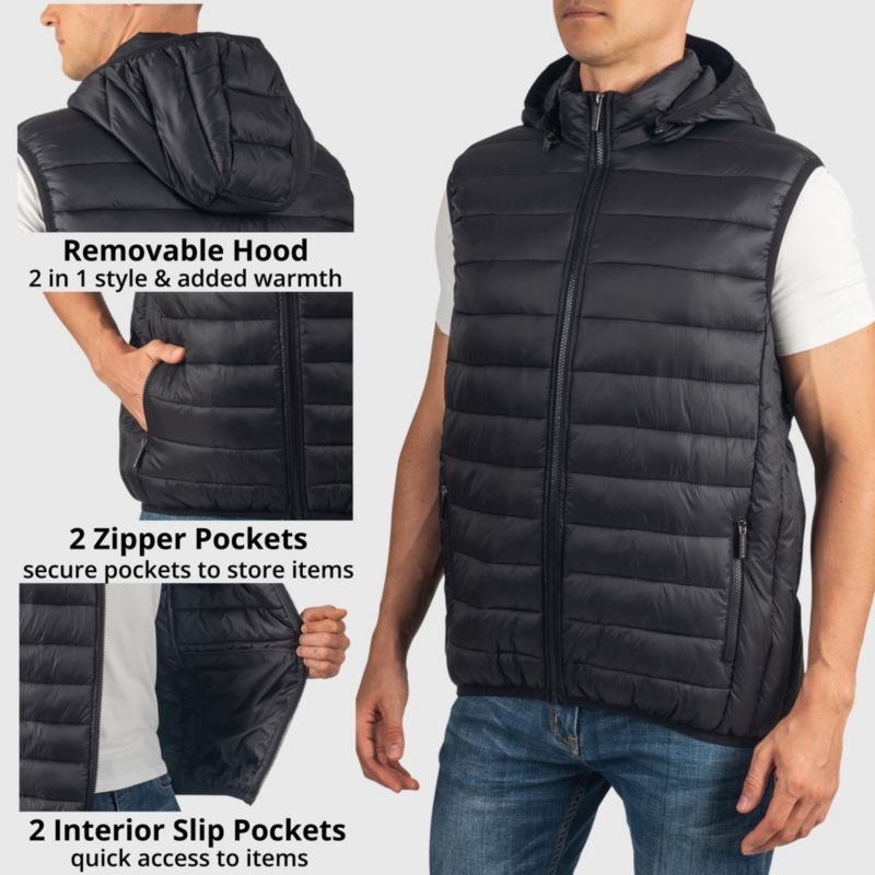 Gage Mens Hooded Puffer Vest Down Alternative Packable Vest Jacket