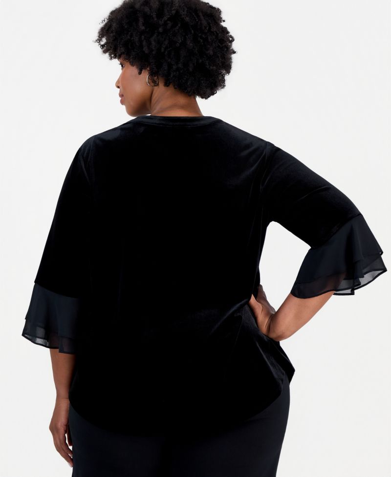 Plus Size Split-Neck 3/4-Length Flutter-Sleeve Blouse