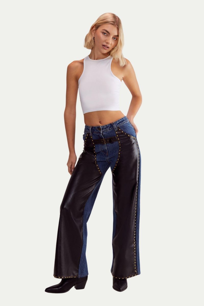 Women's Straight Leg Denim Pu Mix Chap Jeans