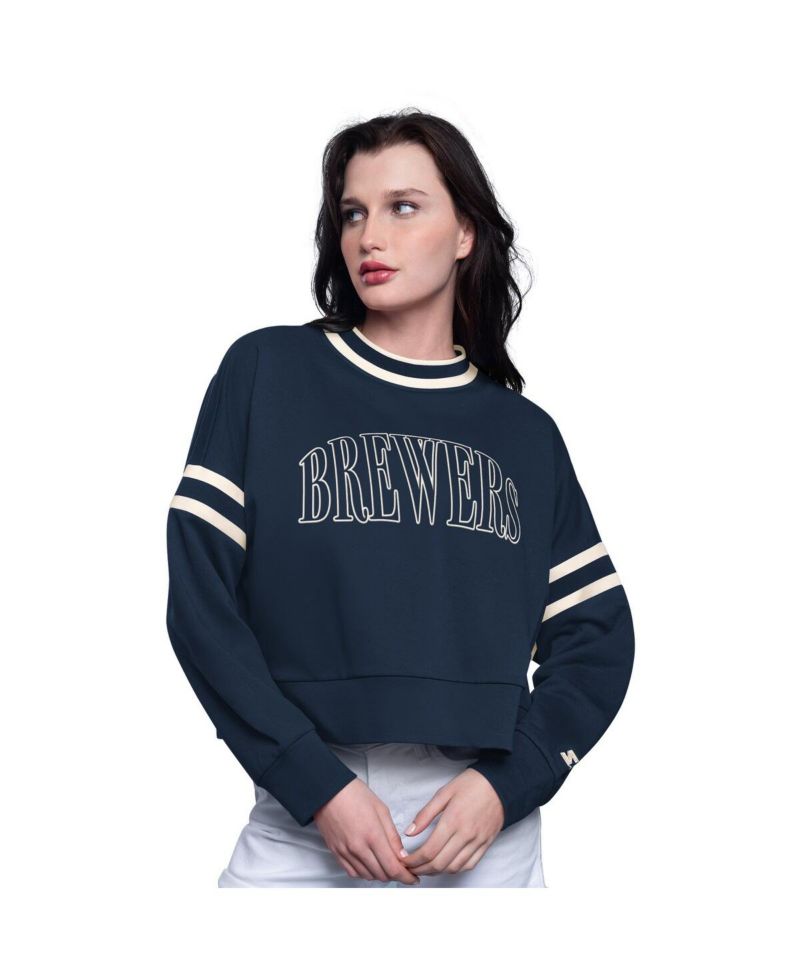 Women's Navy Milwaukee Brewers Power Play Cropped Pullover Sweatshirt