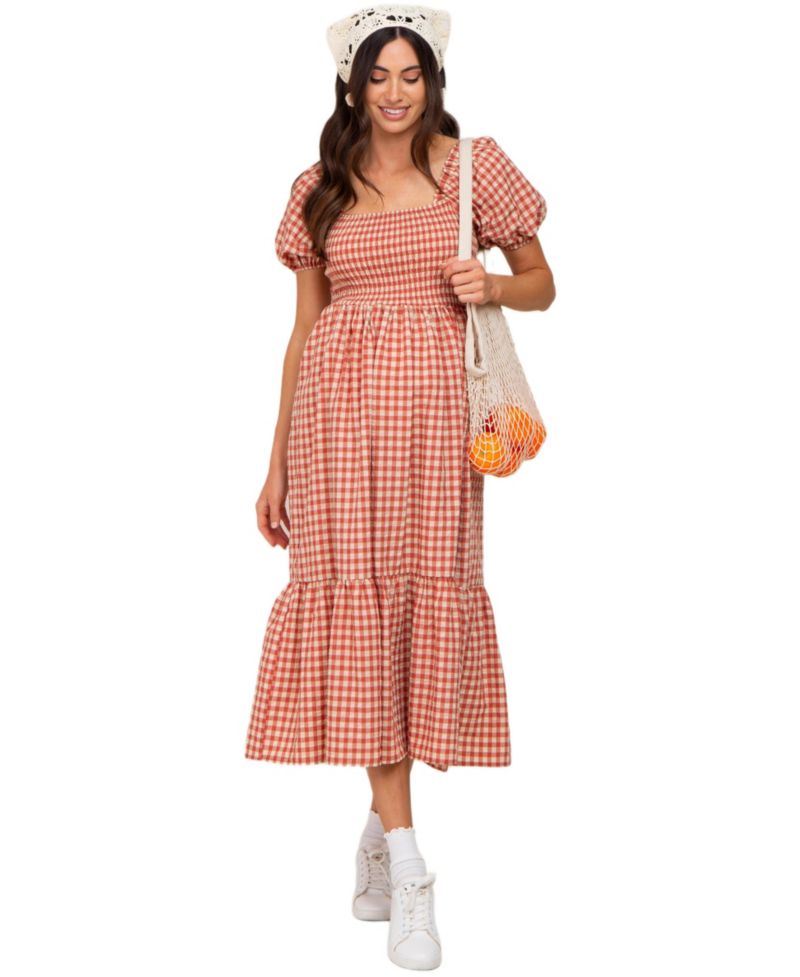 Women's Rust Gingham Smocked Midi Dress