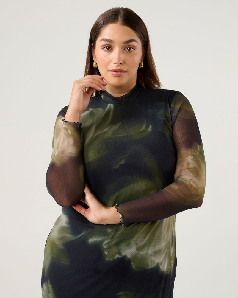 Women's Peace Lily Floral Bodycon Long Sleeve Mesh Dress