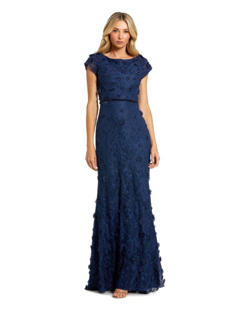 Women's Floral Applique Boat Neck Short Sleeve Gown