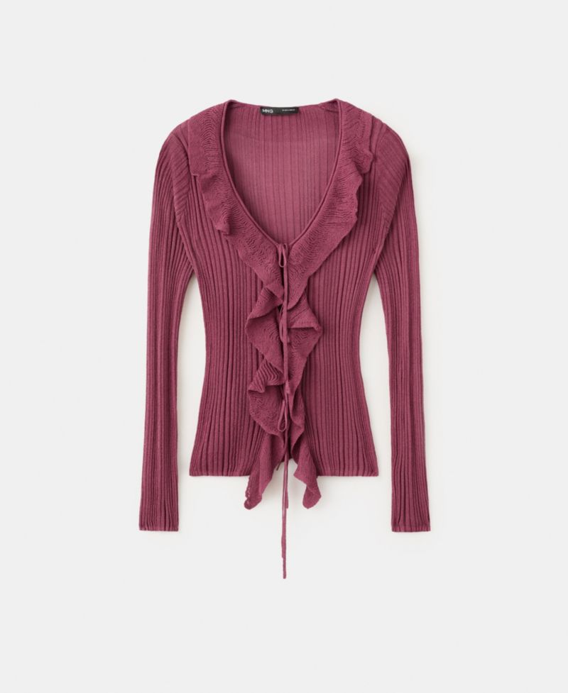 Women's Ruffled Detail Textured Knit Cardigan Sweater