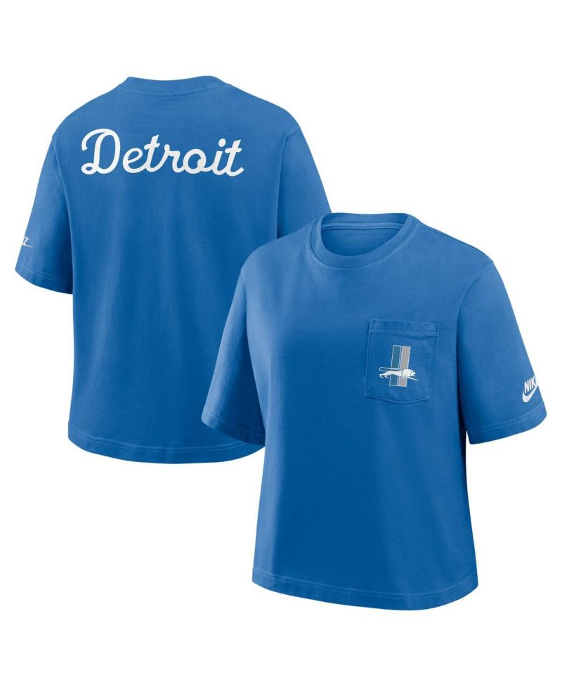 Women's Blue Detroit Lions Rewind Pocket Boxy T-Shirt