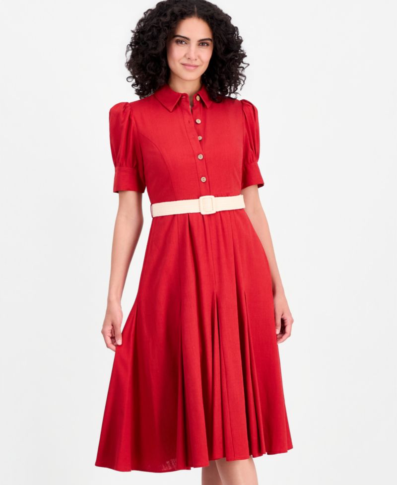 Women's Short-Sleeve Belted Linen Blend Dress