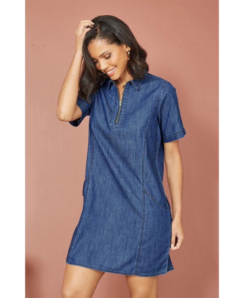 Women's Cotton Chambray Zip Neckline Dress