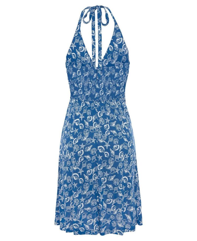 Women's Viscose Printed Halter A-Line V-Neck Short Dress