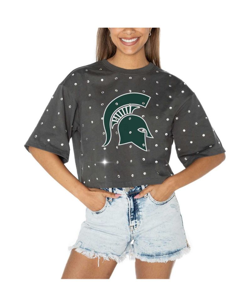 Women's Gray Michigan State Spartans Go Time Rhinestone Crop T-Shirt
